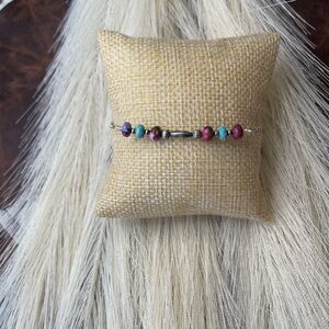 Purple Spiny Oyster, Kingman Turquoise, & Navajo Pearl Bar Necklace